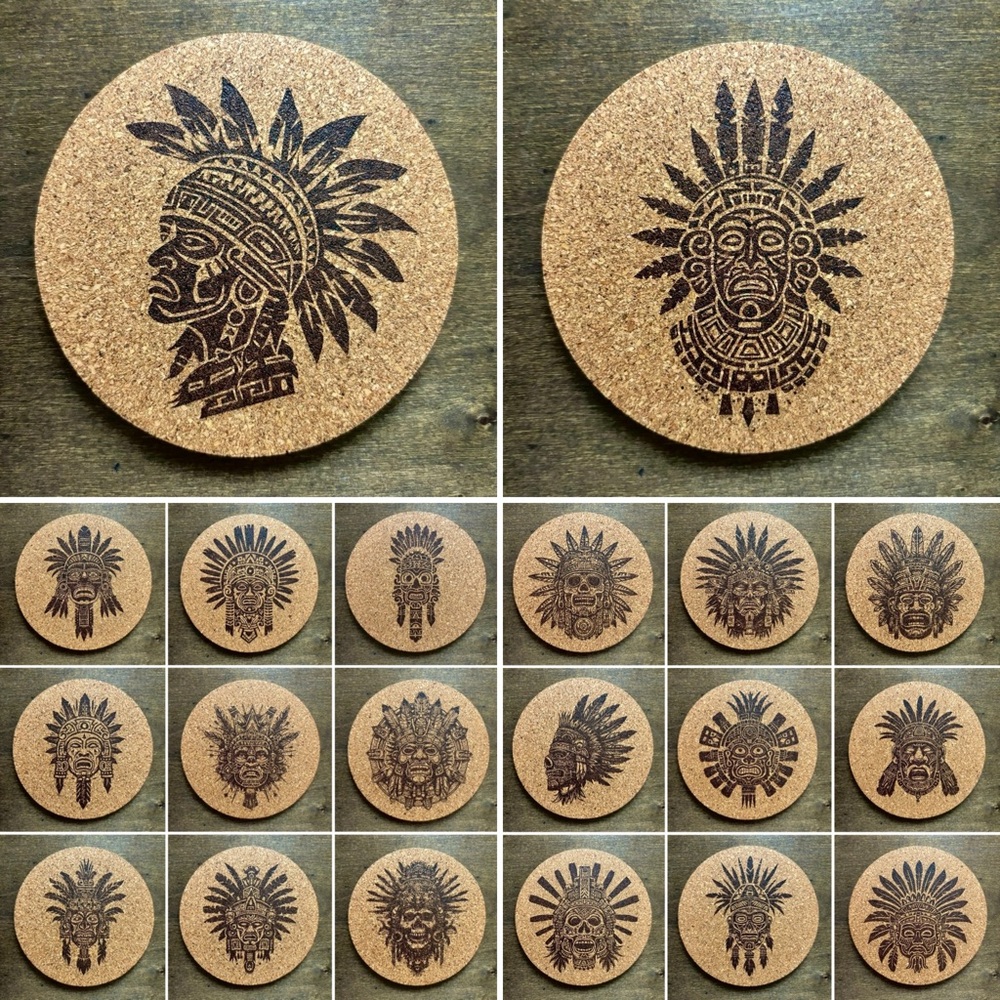 Aztec Head Designs Laser Engraved Cork Coasters Lot of 20